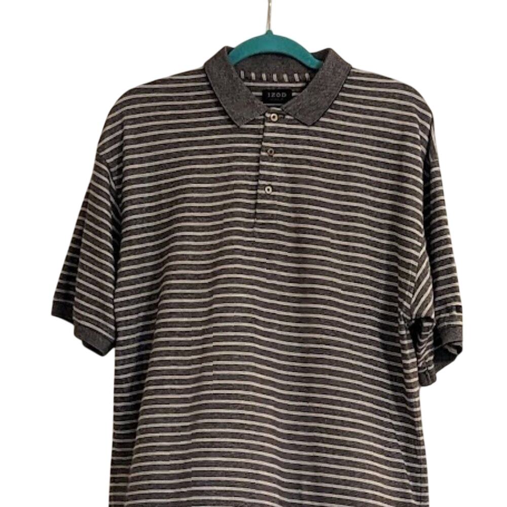 IZOD Men's Size L 100% Cotton Black and Gray Striped Golf Polo Shirt